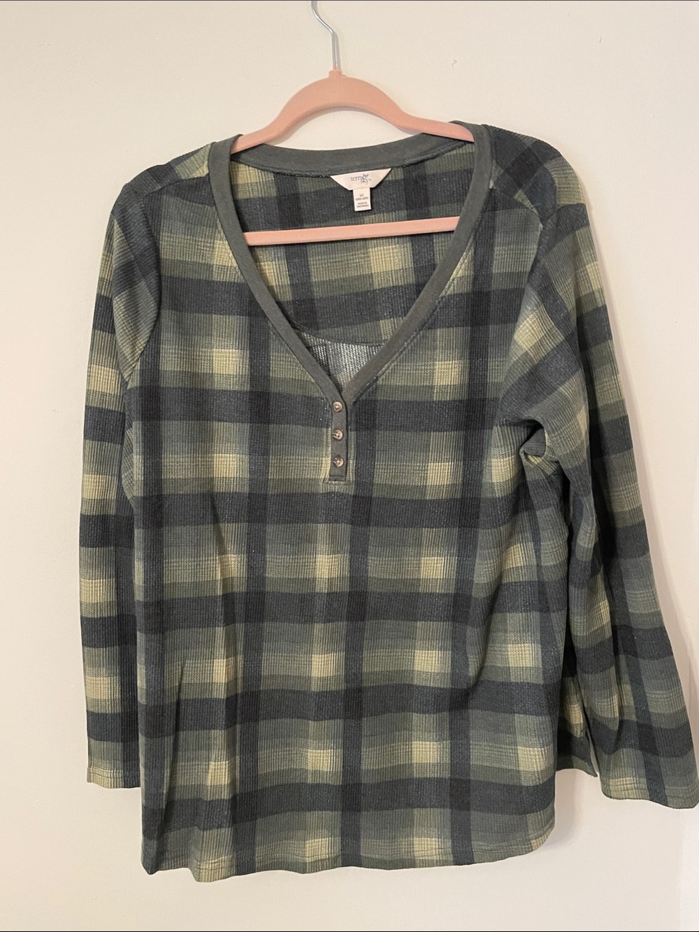 Terra & Sky Plaid V-Neck Henley Sweater in Sage and Charcoal